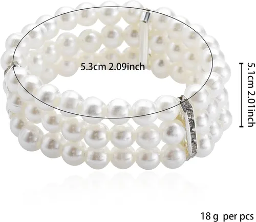 Miniatura 6 de Pulsera de perlas de imitación de 3 filas para mujeres y niñas, vintage, multicapa, con diamantes de imitación, pulsera elástica de perlas
