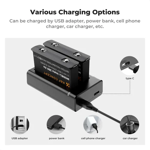 Miniatura 4 de K&F CONCEPT Batería de 360 x 4, paquete de 2 baterías X4 y cargador LED rápido compatible con cámara de acción Insta360 X4