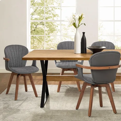 Miniatura 14 de LUNLING Sillas de comedor giratorias, sillas de cocina modernas de cuero sintético negro de mediados de siglo con brazos, patas de bambú, sillas