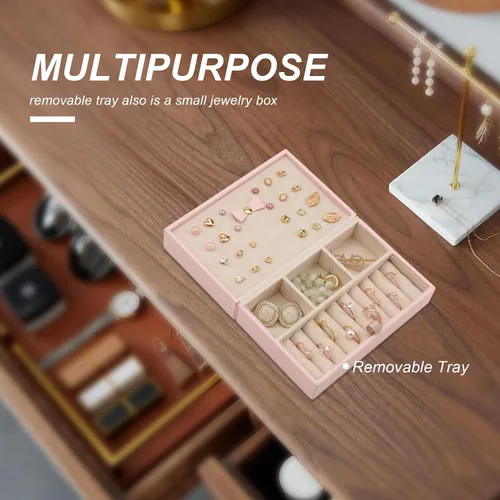 Miniatura 9 de Organizador de viaje grande para joyas, joyero de viaje grande con bandeja de joyería extraíble, cajas de joyería de 2 capas para mujer, rosa