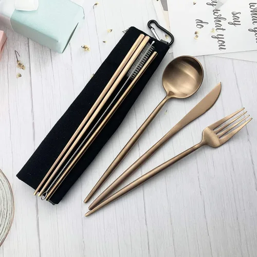 Miniatura 7 de JASHII Juego de cubiertos de viaje de acero inoxidable, tenedor, cuchara, cuchillo, pajilla, cubiertos reutilizables con estuche, juego de Rosa