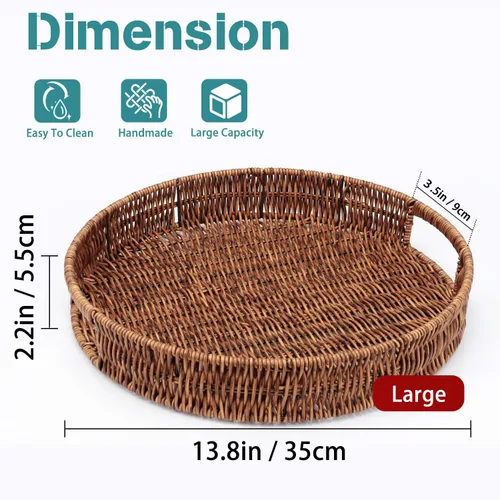 Miniatura 2 de SEDISON Bandeja de mimbre tejida a mano de 13.8 pulgadas para mesa de café, decoración de cocina, bandeja grande de ratán