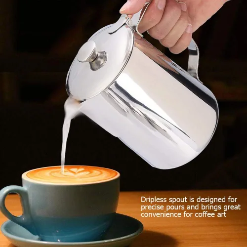Miniatura 2 de Jarra de acero inoxidable de grado comercial para café, jarra de espuma de leche con tapa (11.8 fl oz)
