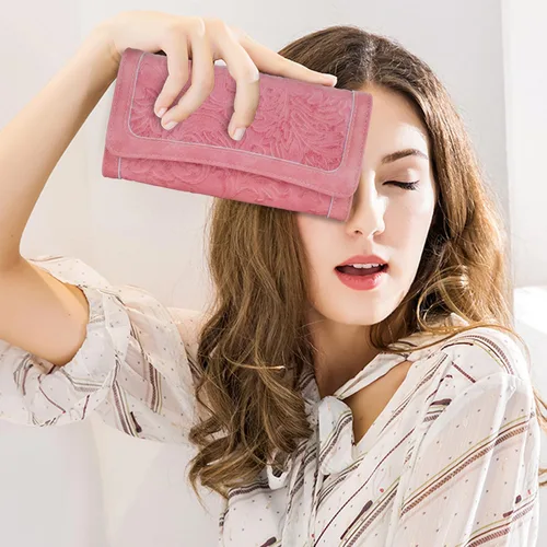 Miniatura 41 de MEITRUE Cartera de cuero para mujer, con bloqueo RFID, triple pliegue, con relieve, soporte para tarjetas, organizador de chequera para teléfono