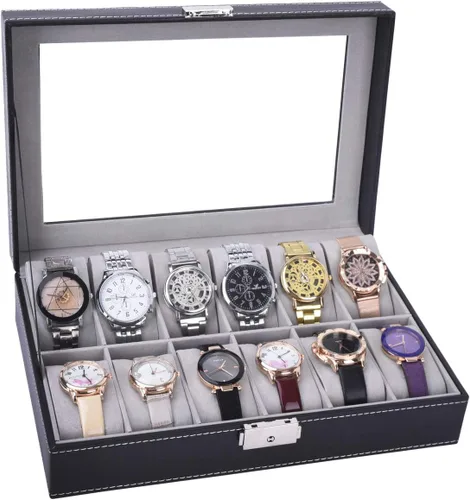 Miniatura 3 de AUTOARK Caja de reloj de cuero, 12 relojes, organizador de joyas, negro, AW-040