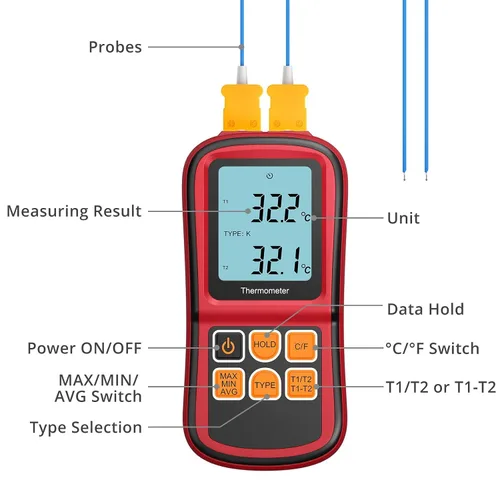 Miniatura 2 de Kamtop Termómetro de termopar digital de doble canal, medidor de temperatura tipo K con 2 sondas de termopar, medición T1/T2 y T1-T2, LCD