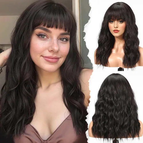 Miniatura 12 de HAIRCUBE Peluca larga con flequillo, pelucas sintéticas onduladas para mujer, color castaño rojizo