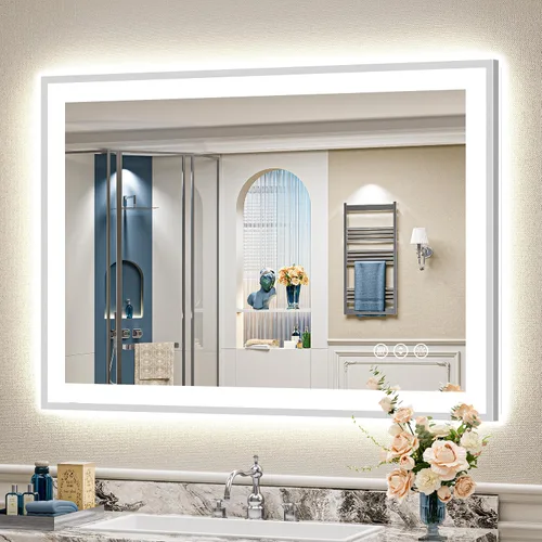 Miniatura 12 de 24x30 Espejo de baño LED con marco negro con luces, retroiluminado + iluminación frontal, espejo de tocador iluminado antivaho para pared de baño