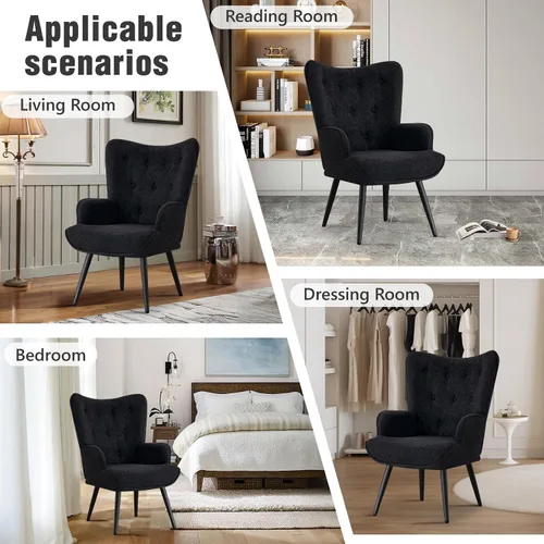 Miniatura 8 de Furniliving Boucle - Silla decorativa para sala de estar, silla de lectura tapizada con respaldo alto, sillón con respaldo alado con botones Negro-2