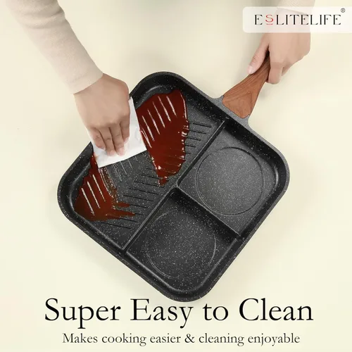 Miniatura 7 de Eslite Life Parrilla, sartén antiadherente dividida de 11 pulgadas para cocinar en interiores, versátil 3-en-1 de inducción, sartén grande