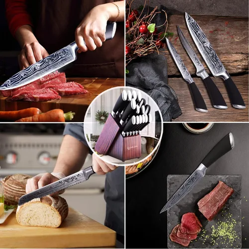 Miniatura 6 de Juego de cuchillos profesionales de acero inoxidable de 15 piezas con bloque de madera, juego de cuchillos de damasco para chefs, familia