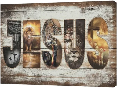 Miniatura 2 de Póster en lienzo con imágenes de Jesús, león y cordero, impresión en lienzo con texto en inglés "God Bible Christian Religios" para pared, pintura