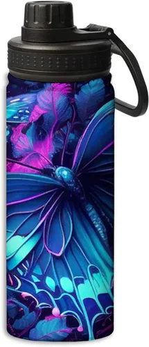 Miniatura 26 de Botella de agua deportiva a prueba de fugas con diseño de conejito junto a flores lilas, 18 onzas, de acero inoxidable duradero de doble pared