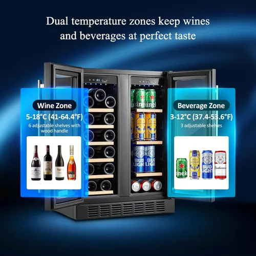 Miniatura 4 de BODEGA Refrigerador de bebidas negro, enfriador de vino y bebidas de doble zona de 24 pulgadas debajo del mostrador, refrigerador de bebidas