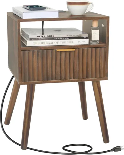 Miniatura 8 de Fultyle Mesita de noche de nogal, mesa de noche de madera con cajones acanalados y estante abierto, mesita de noche de madera para dormitorio