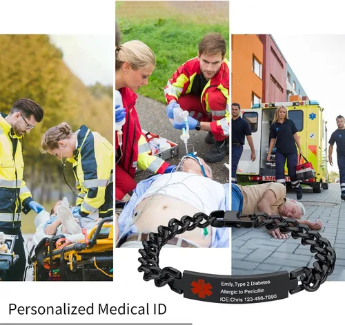 Miniatura 6 de VNOX Pulsera de identificación de alerta médica con grabado gratuito para hombres y mujeres, etiqueta médica, cadena de eslabones de acero inoxidable