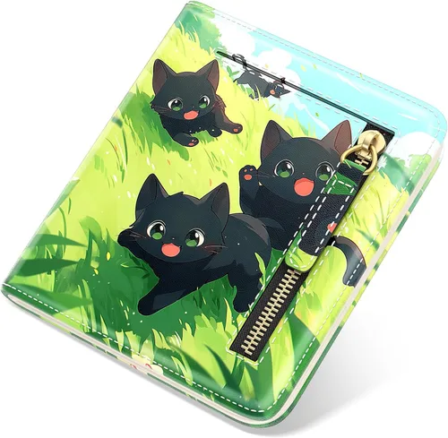 Miniatura 24 de Billetera de cuero genuino de lujo para mujer con bloqueo RFID, compacta, plegable, con ventana para identificación, Gato negro, Moderno