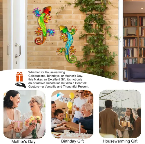 Miniatura 5 de Arte decorativo de Gecko de pared de metal, 14 pulgadas, paquete de 2 Diseño de escalada 3D, escultura de vidrio decorativa, lagarto colgante