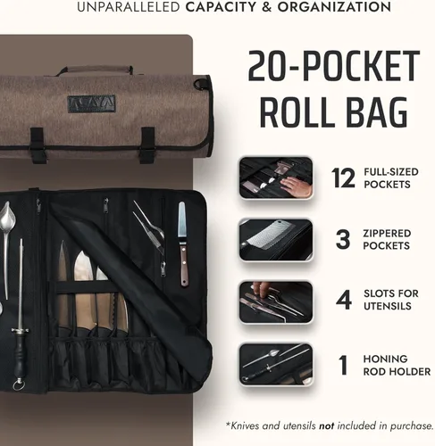 Miniatura 2 de Asaya Bolsa enrollable para cuchillos de chef, 20 bolsillos en total para cuchillos y utensilios de cocina, fabricada con nailon encerado resistente