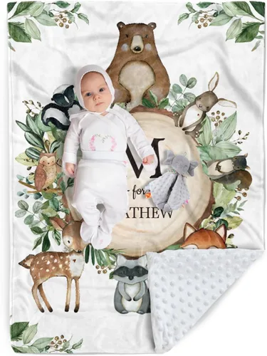 Miniatura 22 de Manta de bebé personalizada, nombre personalizado con diseño de animales del bosque, manta de felpa suave con respaldo punteado de doble capa