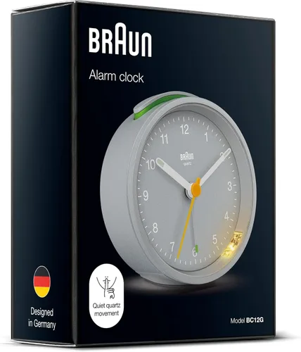 Miniatura 6 de Braun Classic - Reloj despertador analógico con repetición y luz, movimiento silencioso de cuarzo, alarma de pitido creciente en gris, modelo BC12G.