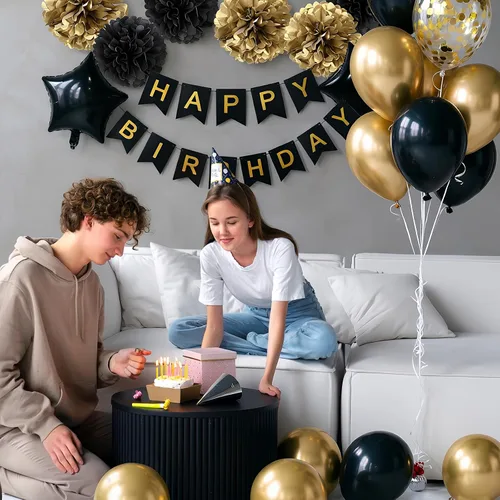Miniatura 5 de Decoraciones de cumpleaños para hombres, suministros de decoración de fiesta dorado y negro, incluye pancarta de feliz cumpleaños, confeti, globos