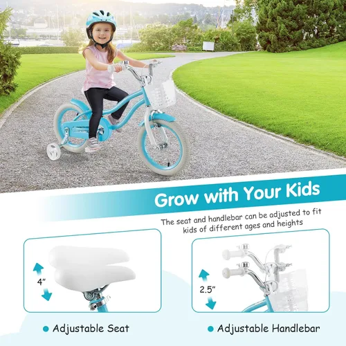 Miniatura 2 de HONEY JOY Bicicleta para niños de 12, 14, 16, 18, 20 pulgadas, con ruedas de entrenamiento, freno de mano y freno de posavasos, cadena totalmente