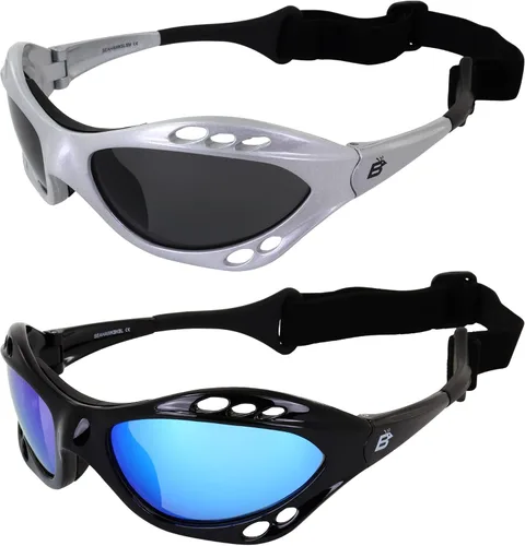 Birdz Gafas de sol Seahawk polarizadas para moto acuática, gafas deportivas de kite-boarding, surf, kayak, 2 pares de marcos negros y plateados con