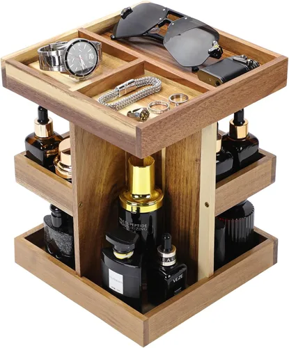 EXIN DECHEN Organizador de colonia para hombres, soporte de colonia, estante de perfume de madera de 3 niveles con rotación, organizador de