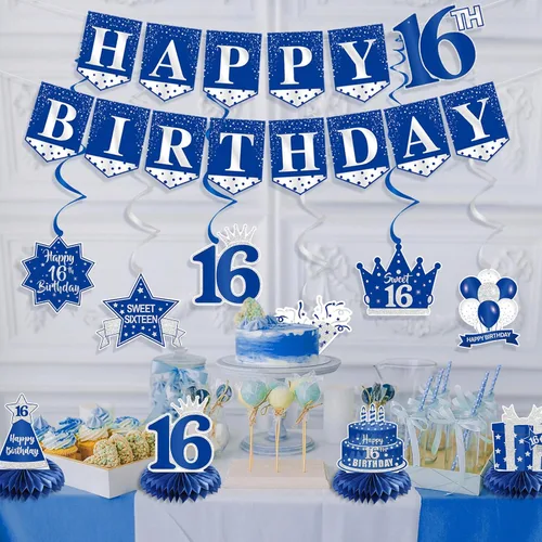Miniatura 3 de Juego de decoraciones de cumpleaños número 16 – Cartel azul de Happy 16 con espirales colgantes y centros de mesa de panal de abeja, kit