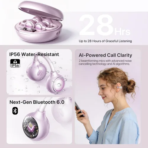 Miniatura 6 de Auriculares inalámbricos con clip de oreja abierta Bluetooth 6.0, estuche compacto de polvo con pantalla LED y espejo, clips de oreja de mariposa