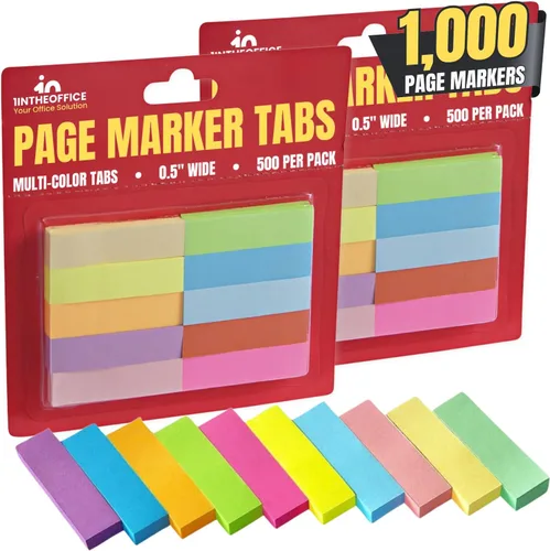 1InTheOffice Pestañas para marcadores de página, banderas de notas adhesivas, multicolor surtidos, 0.5 pulgadas de ancho, paquete de 1000