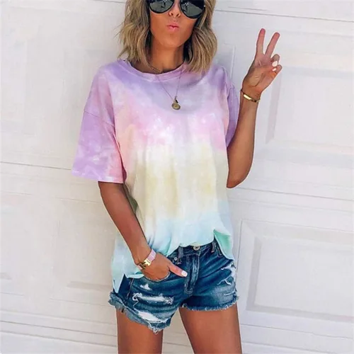 Miniatura 2 de Tie-Dye Camisas Mujer Fashio Camiseta Manga Corta Tops Cuello Redondo Camiseta suelta Túnica Esconder el vientre básico