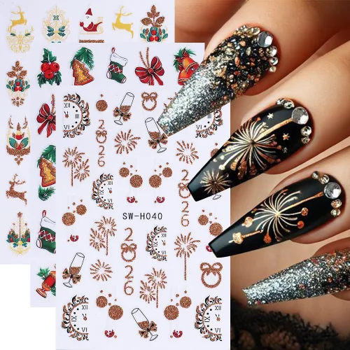 Miniatura 6 de Calcomanías de uñas de Navidad, calcomanías de uñas de invierno 3D, autoadhesivas, coloridas, cadena de luces, árbol de Navidad, reno, diseño