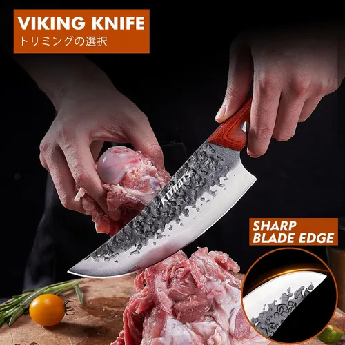 Miniatura 5 de Juego de cuchillos de carnicero profesional, cuchilla de carne pesada forjada a mano, cuchillo de chef serbio, cuchillo de deshuesado vikingo, juego