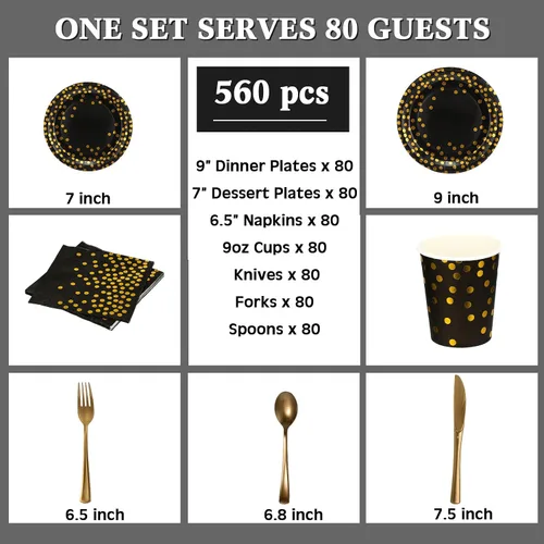 Miniatura 2 de Sieral 560 piezas de suministros de fiesta negros y dorados para 80 invitados, kits de vajilla de punto dorado, platos de papel negro, tazas