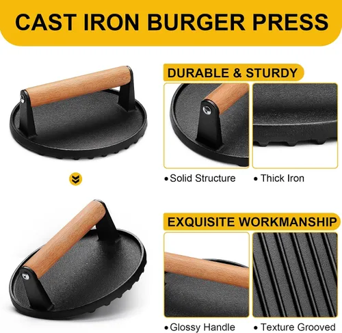 Miniatura 2 de AIVIKI Prensa de Hamburguesas, Prensa de Hamburguesas Smash para Parrilla Blackstone, Prensa de Parrilla de Tocino Redonda de Hierro Fundido