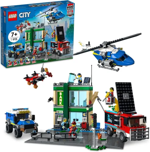 LEGO City Police Chase 60317 Banco con helicóptero, dron y 2 camiones de juguetes para niños de 7 años de edad, juegos de construcción de la serie
