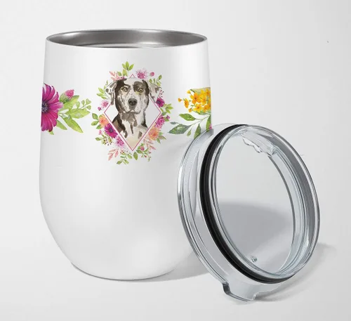 Miniatura 110 de Caroline's Treasures CK4110TBL12 Afghan Hound Pink Flowers - Vaso de vino aislado de acero inoxidable de 12 onzas con tapa, bonita taza de viaje