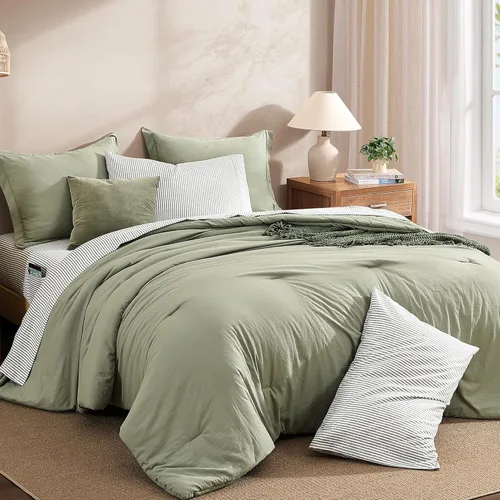 Miniatura 3 de Monbix Juego de Edredón de Tamaño Completo - 7 Piezas Verde Oliva Prelavado Ropa de Cama en una Bolsa Juegos de Ropa de Cama Completos