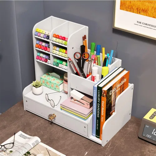 Miniatura 6 de Hggzeg Organizador de escritorio para bolígrafos, organizador de papelería con cajones y 2 soportes para archivos, almacenamiento de suministros