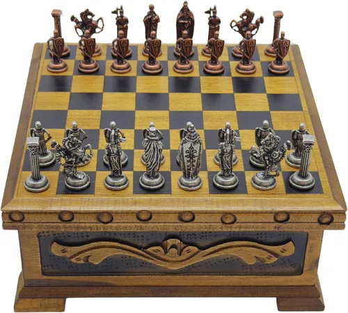 Juego de ajedrez de madera con almacenamiento – Tablero de ajedrez artesanal y piezas de metal con figuras británicas – Juego de ajedrez decorativo