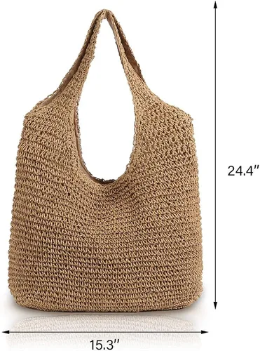 Miniatura 2 de QTKJ Bolso de hombro de paja grande y suave tejida a mano, estilo bohemio, con asa de pajilla, estilo retro, para verano, playa, de ratán