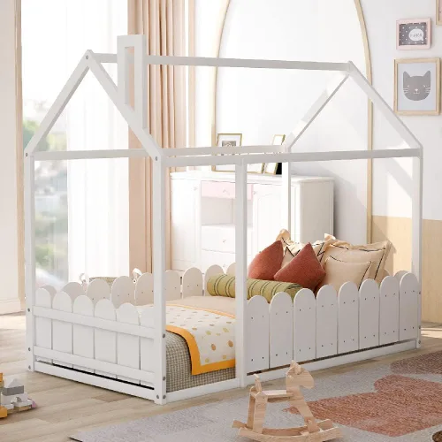 Miniatura 4 de MERITLINE Cama de casa para niños, cama de piso completa de madera con techo y valla, cama de casa completa Montessori para niños, adolescentes