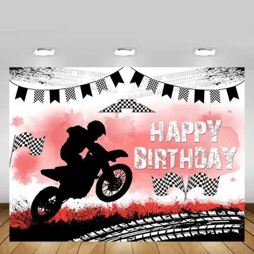 Miniatura 5 de MEHOFOND Telón de fondo de feliz cumpleaños, decoración de fiesta de motocross, telón de fondo de pista de neumáticos de motocicleta, suministros