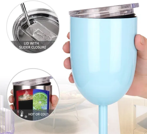 Miniatura 3 de AMZUShome Copas de vino de acero inoxidable (paquete de 2). Vaso de vino de doble pared aislado al vacío con tapa y pajita. Amistad, Navidad, Azul