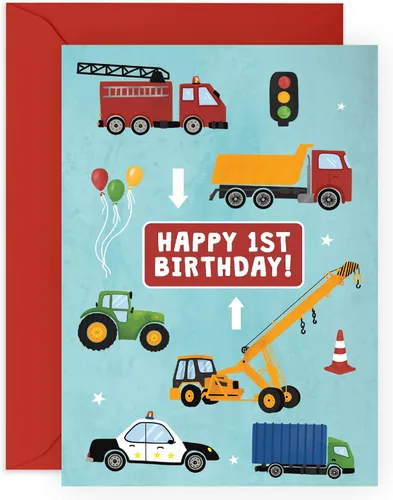 CENTRAL 23 Tarjeta colorida de primer cumpleaños para niños – Feliz primer cumpleaños – Edad 1 – 1 año – Tarjeta de felicitación de camión y coche –