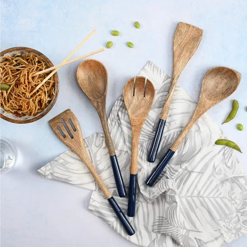 Miniatura 3 de Folkulture Cucharas de madera para cocinar, juego de 5 utensilios de madera de acacia prémium de 12 pulgadas, acabado liso, juego de utensilios