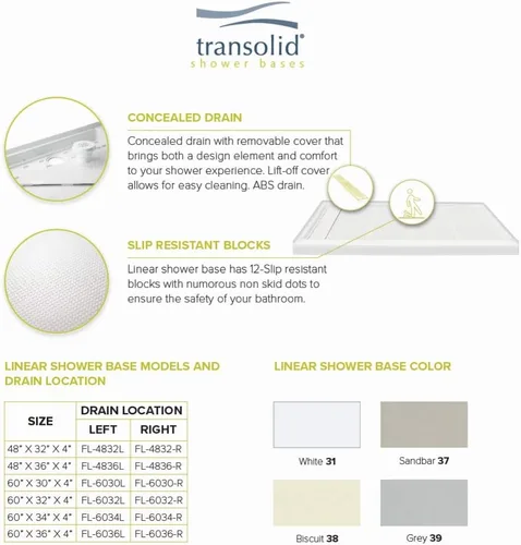 Miniatura 5 de Transolid FL6034R-39 - Base de ducha rectangular lineal de 60 pulgadas de ancho x 34 pulgadas de largo, con drenaje a la derecha, color gris