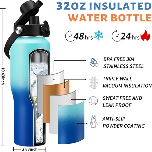 Miniatura 3 de Botella de agua aislada de 32 onzas con pajilla, mantiene el frío 48 horas o el calor 24 horas, termo de acero inoxidable al vacío con mango